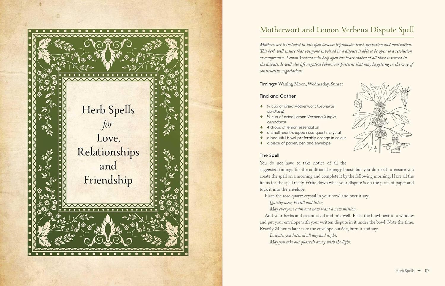 Magical spellbook page with text and illustrations on herbs for love, relationships, and friendship.