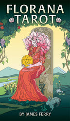Cover of 'Florana Tarot' by James Ferry featuring a woman in a red dress holding a tarot card.