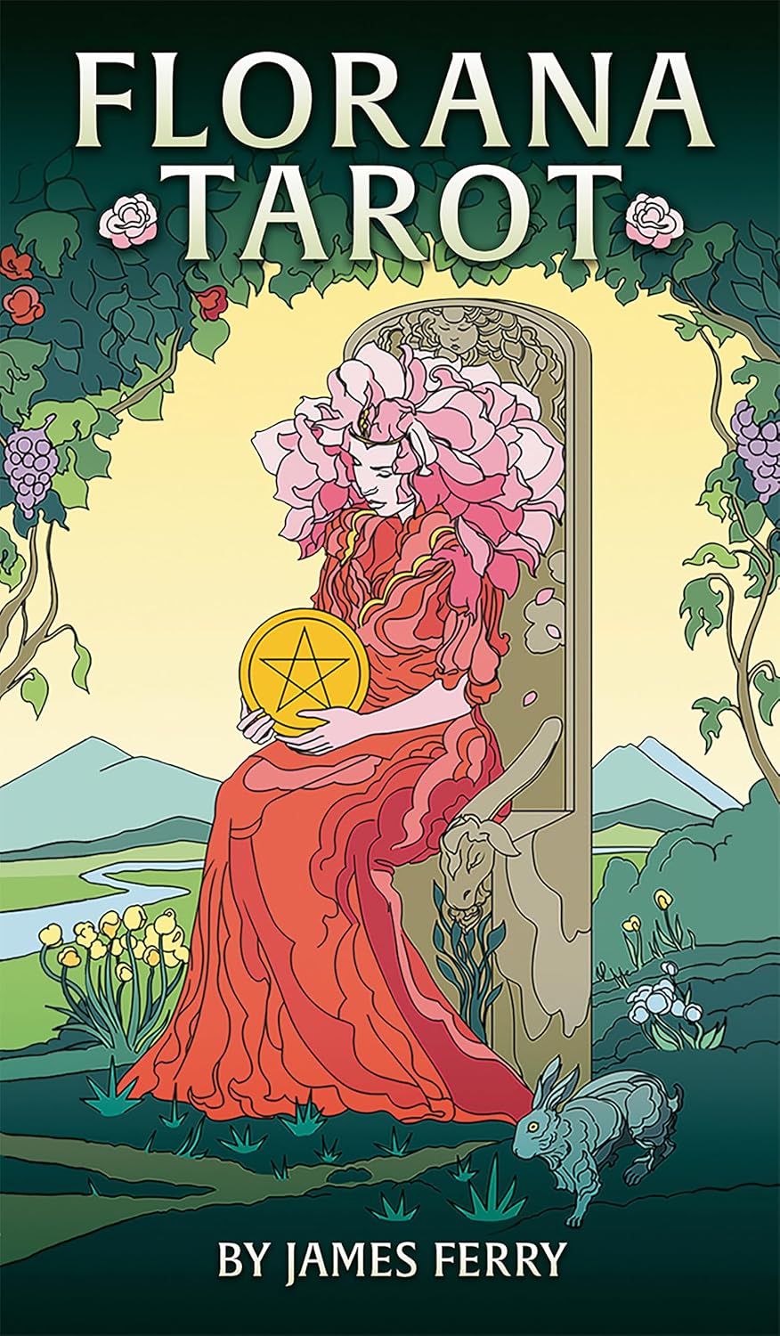 Cover of 'Florana Tarot' by James Ferry featuring a woman in a red dress holding a tarot card.