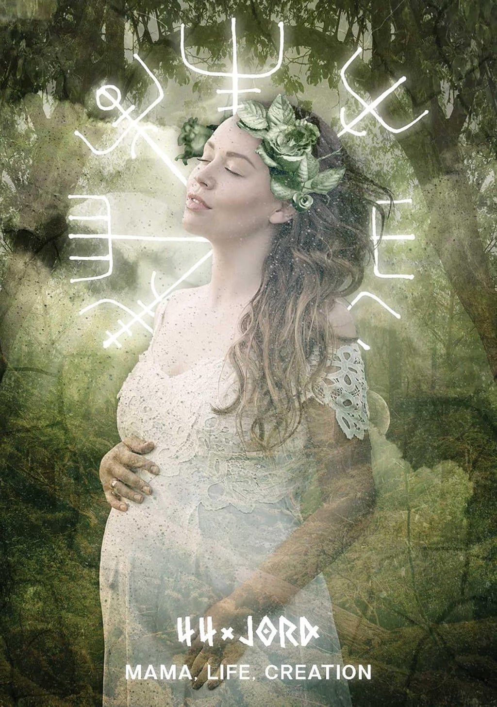 Pregnant woman with floral crown in a natural setting with abstract symbols