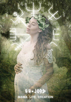 Pregnant woman with floral crown in a natural setting with abstract symbols