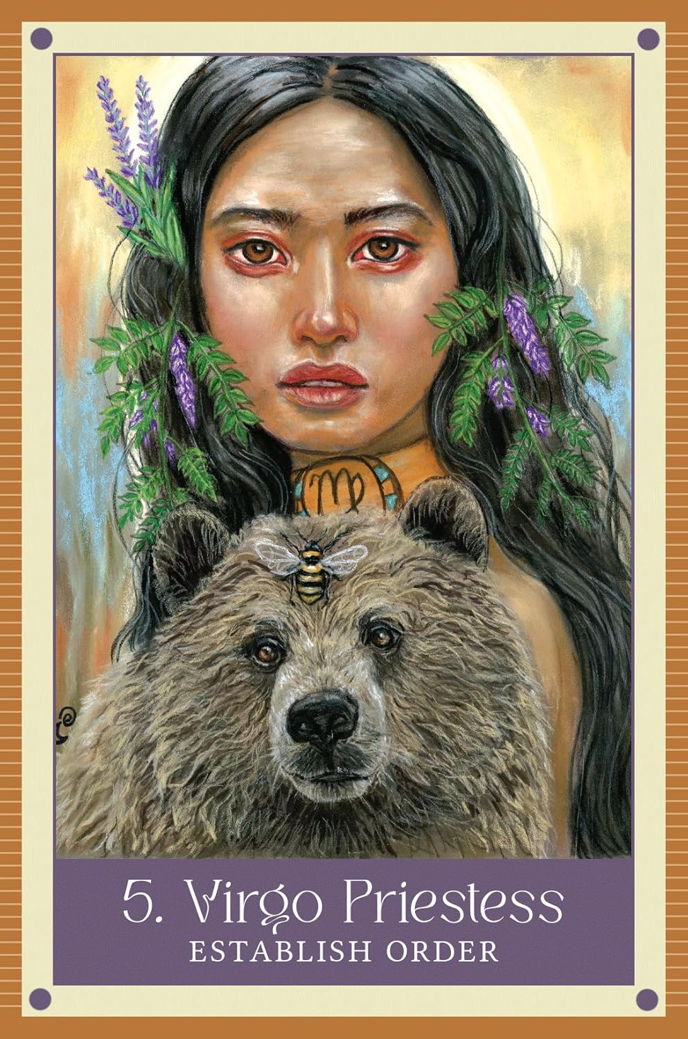 Illustration of a woman with a bear and lavender, labeled '5. Virgo Priestess'.