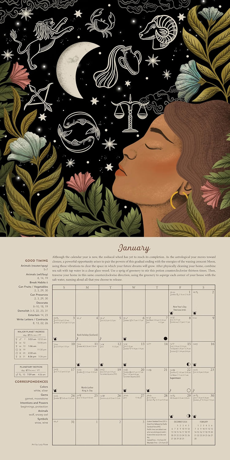 An illustrated monthly calendar page for January, featuring a dark celestial illustration at the top with a crescent moon, zodiac symbols, stars, and a woman's profile surrounded by flowers and leaves, above a beige calendar grid with text columns.