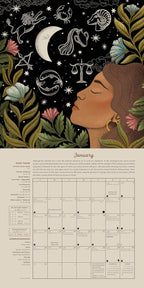 An illustrated monthly calendar page for January, featuring a dark celestial illustration at the top with a crescent moon, zodiac symbols, stars, and a woman's profile surrounded by flowers and leaves, above a beige calendar grid with text columns.