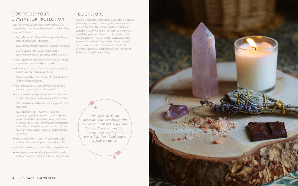 Crystal and candle setup on a wooden surface with text on crystal use.