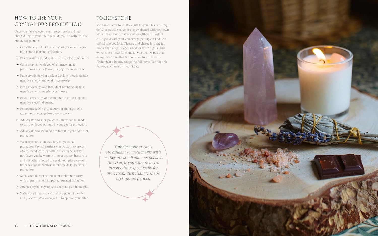 Crystal and candle setup on a wooden surface with text on crystal use.