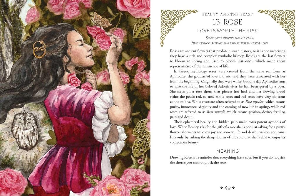 Illustration of a woman in a pink dress surrounded by flowers, with text on the right side.
