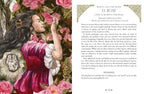Illustration of a woman in a pink dress surrounded by flowers, with text on the right side.