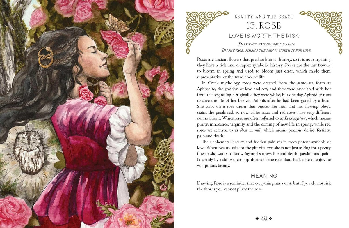 Illustration of a woman in a pink dress surrounded by flowers, with text on the right side.