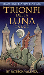 Cover of 'Trionfi Della Luna Tarot' with a dragon illustration and castle-like structures.