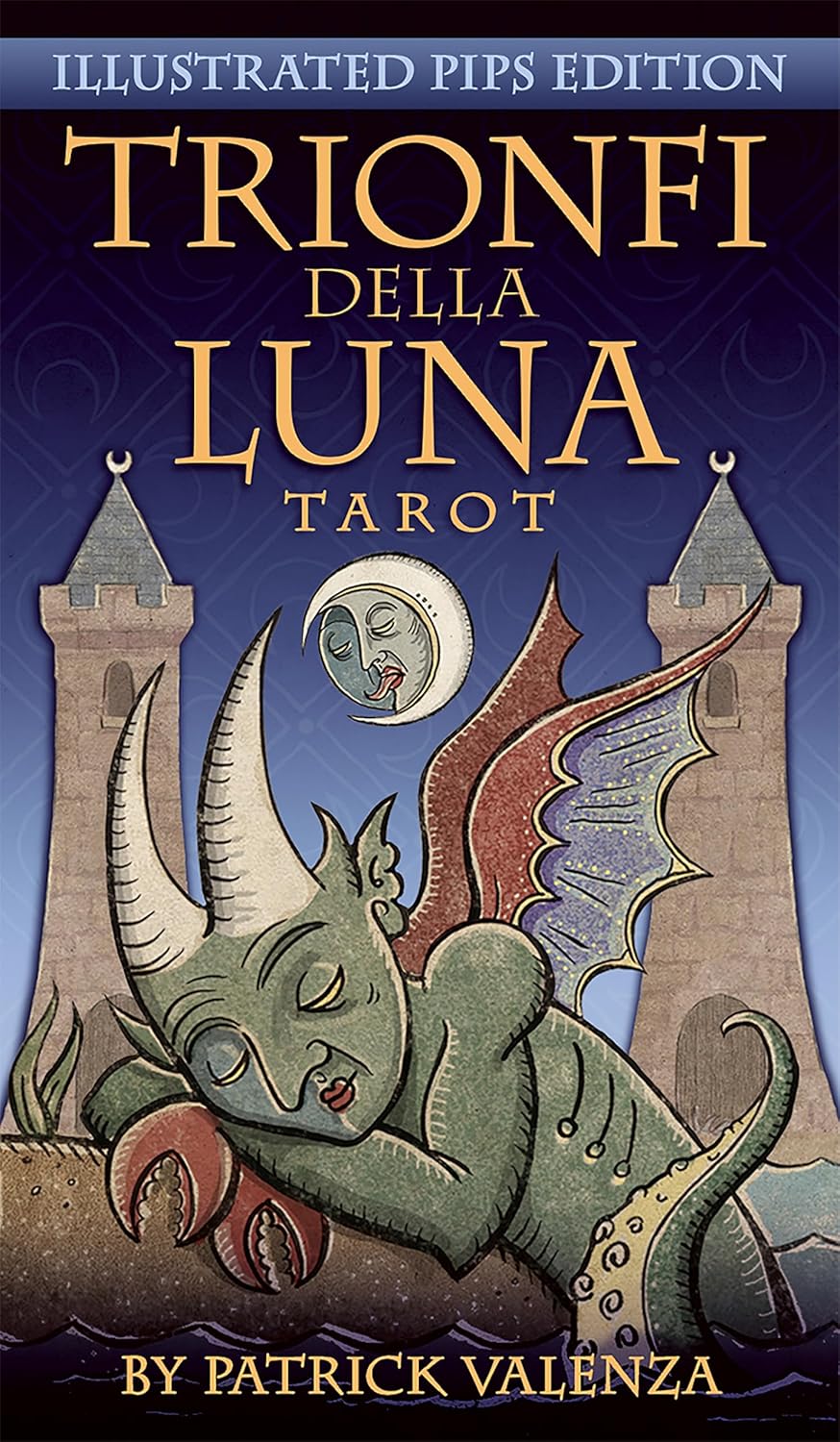 Cover of 'Trionfi Della Luna Tarot' with a dragon illustration and castle-like structures.