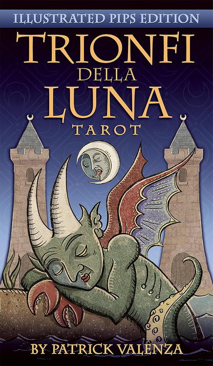 Cover of 'Trionfi Della Luna Tarot' with a dragon illustration and castle-like structures.