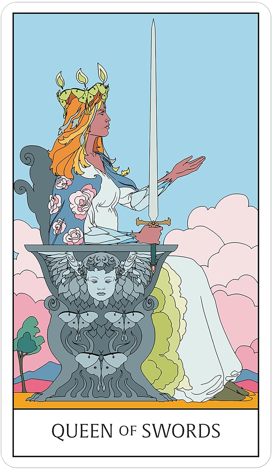 Tarot card featuring 'Queen of Swords' with a woman holding a sword and an angelic figure below, set against a blue sky with clouds.