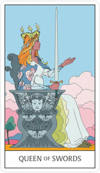 Tarot card featuring 'Queen of Swords' with a woman holding a sword and an angelic figure below, set against a blue sky with clouds.