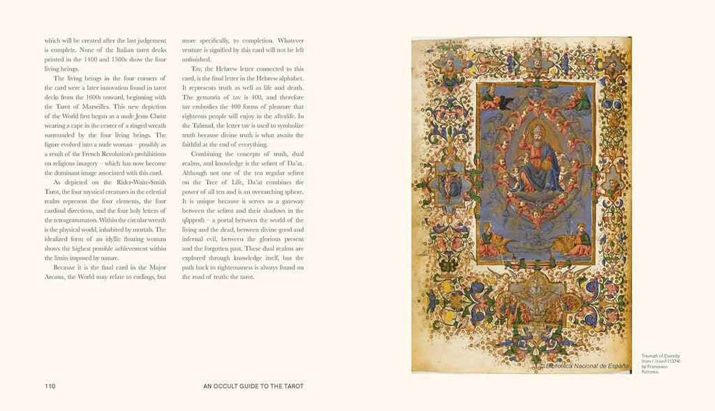 Decorative illustration of a tarot card on a page with text.