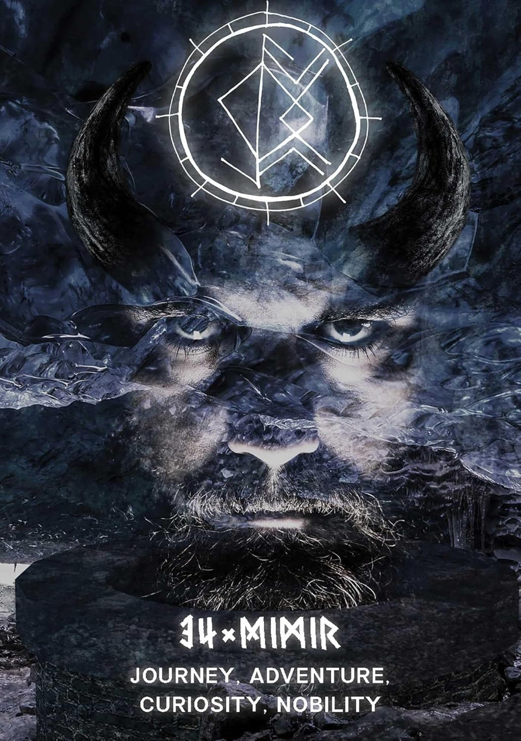 Stylized animal head with horns and a symbol above, set against a dark, textured background.