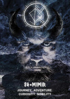 Stylized animal head with horns and a symbol above, set against a dark, textured background.