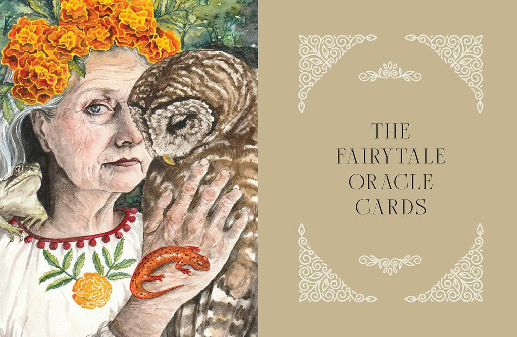 Cover of 'The Fairytale Oracle Cards' with a woman holding an owl and floral elements.