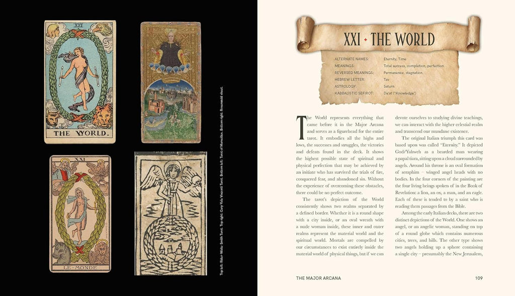 Four tarot cards labeled 'The World' on the left with corresponding text on the right, from a book or magazine.
