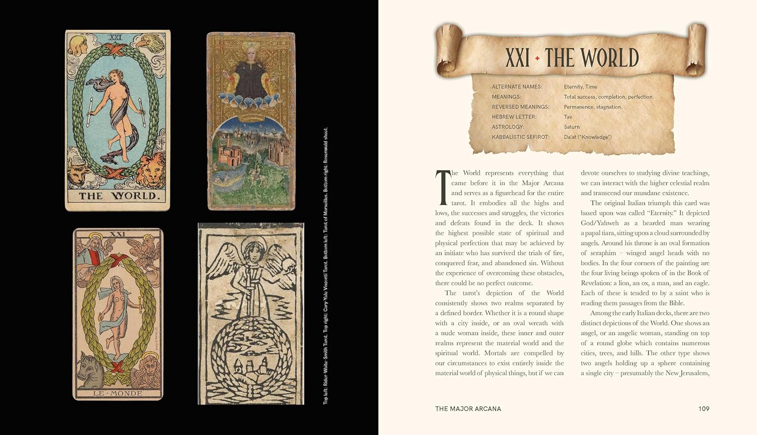 Four tarot cards labeled 'The World' on the left with corresponding text on the right, from a book or magazine.