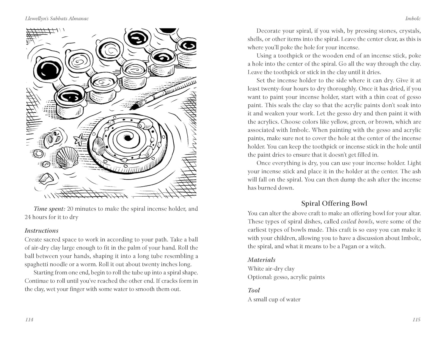 Page from a book with instructions on creating a spiral offering bowl using acrylic paint and other materials.