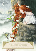 Illustration of a woman with long red hair on a stone wall with flowers and a bird, titled 'Ladder of Hair'.
