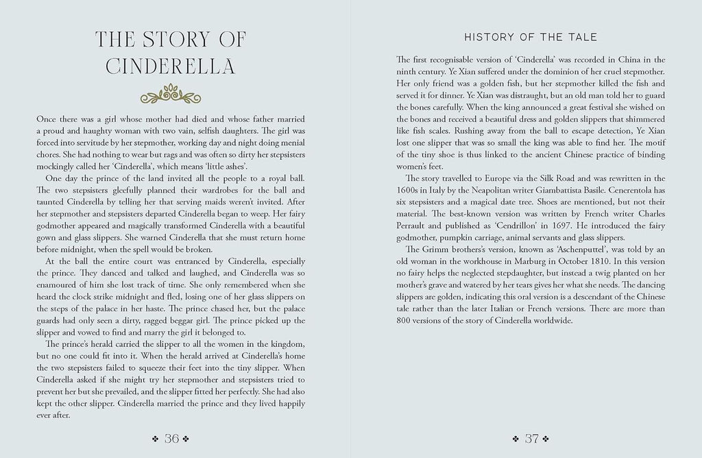 A book page showing the title 'THE STORY OF CINDERELLLE' at the top left and 'HISTORY OF THE TALE' at the top right, with two columns of small black serif text on a white page.