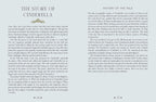 A book page showing the title 'THE STORY OF CINDERELLLE' at the top left and 'HISTORY OF THE TALE' at the top right, with two columns of small black serif text on a white page.
