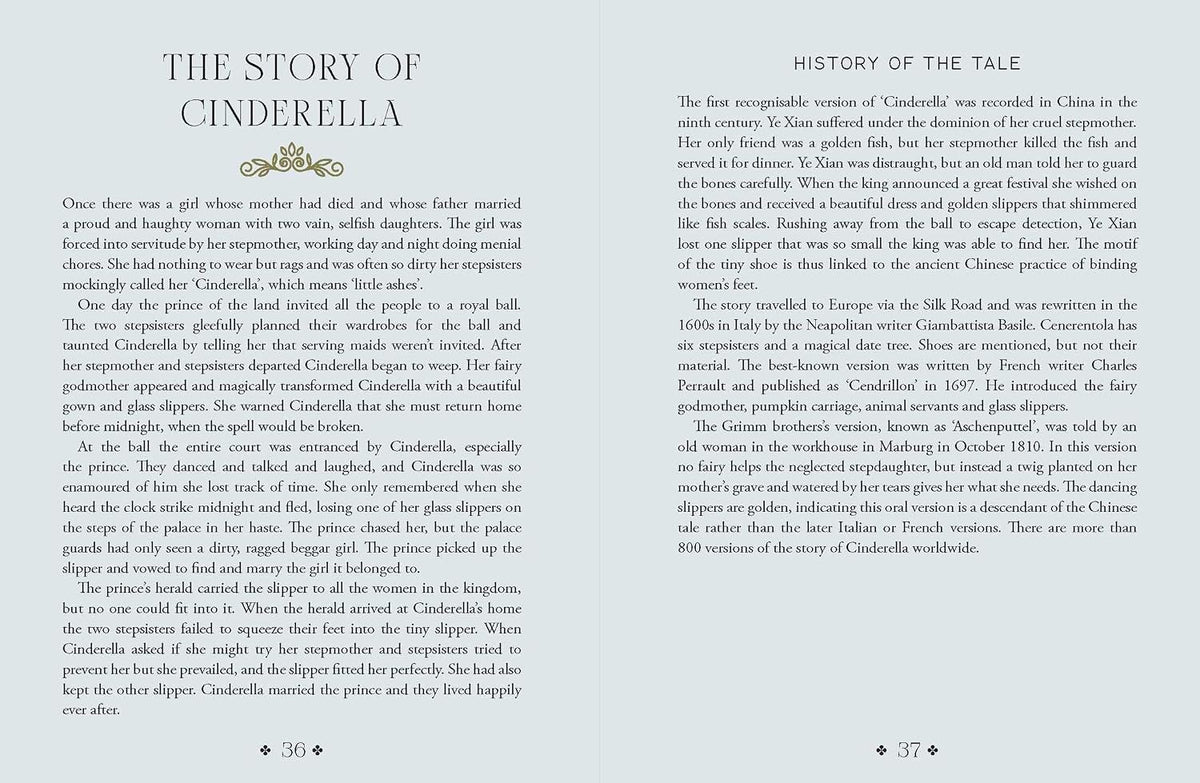 A book page showing the title 'THE STORY OF CINDERELLLE' at the top left and 'HISTORY OF THE TALE' at the top right, with two columns of small black serif text on a white page.