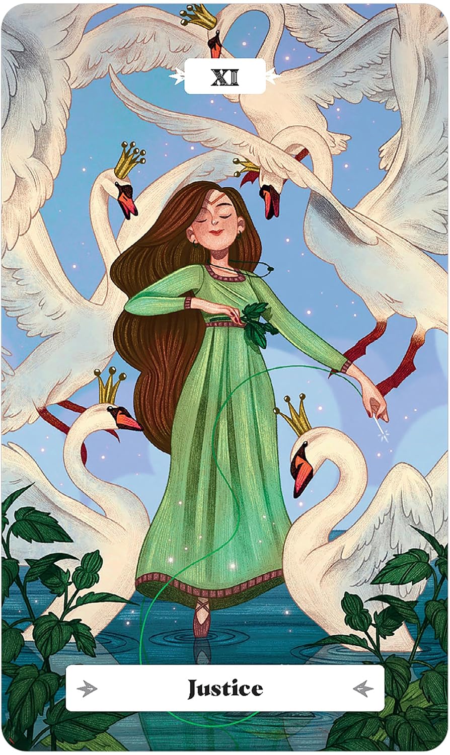 Tarot card titled 'Justice' featuring a woman in a green dress surrounded by swans.