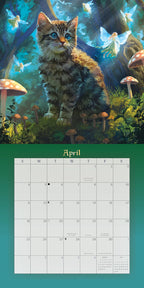 Calendar page for April with a cat and fairy illustration in a forest setting