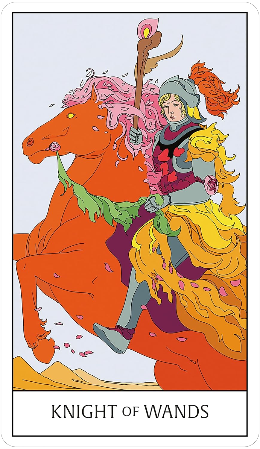 Tarot card featuring a knight on a horse with a wand, labeled 'Knight of Wands'.