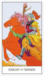 Tarot card featuring a knight on a horse with a wand, labeled 'Knight of Wands'.