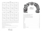 A black-and-white printed page from a book or booklet showing a 2027 and 2028 calendar on the left and a Table of Contents with decorative border art on the right.