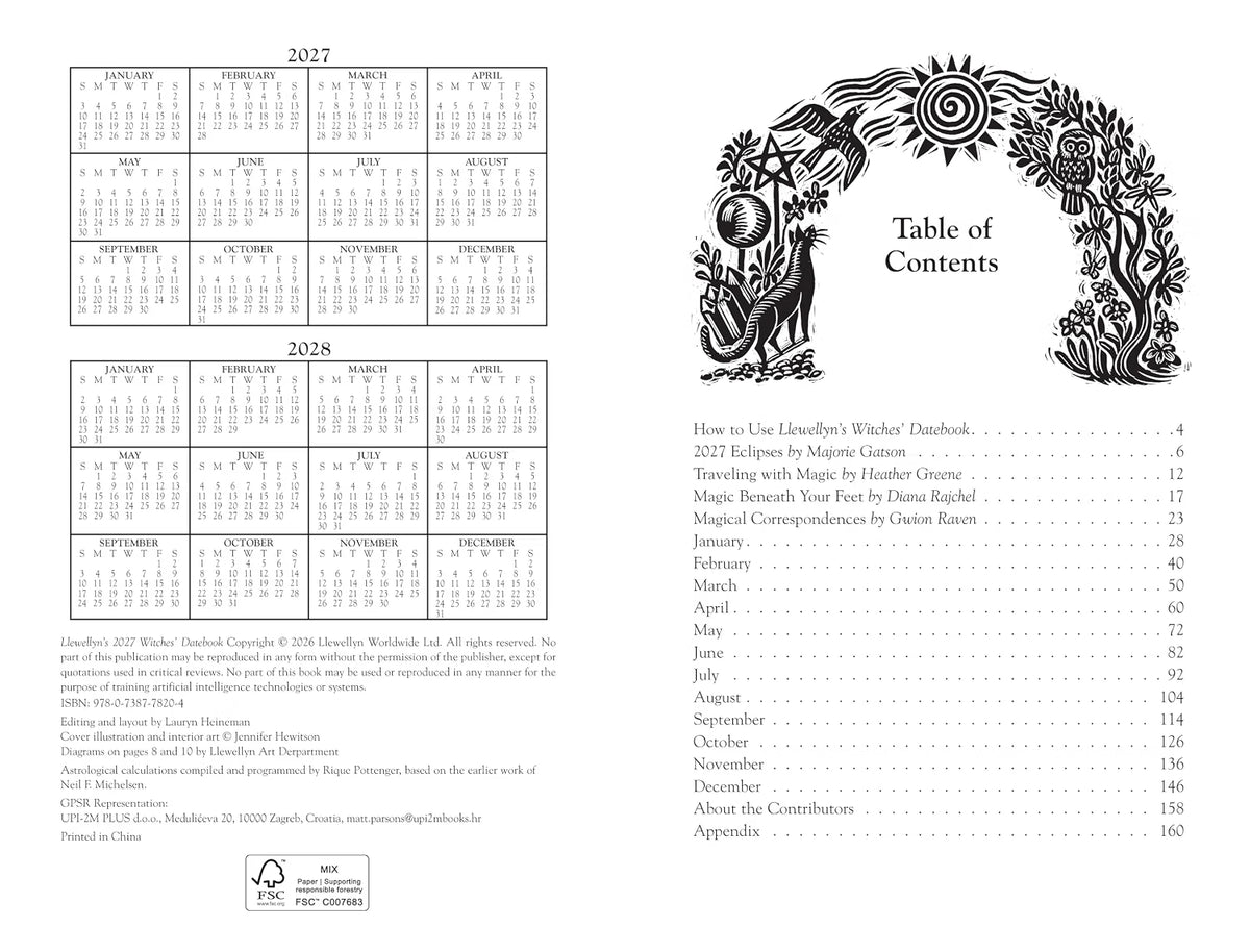 A black-and-white printed page from a book or booklet showing a 2027 and 2028 calendar on the left and a Table of Contents with decorative border art on the right.