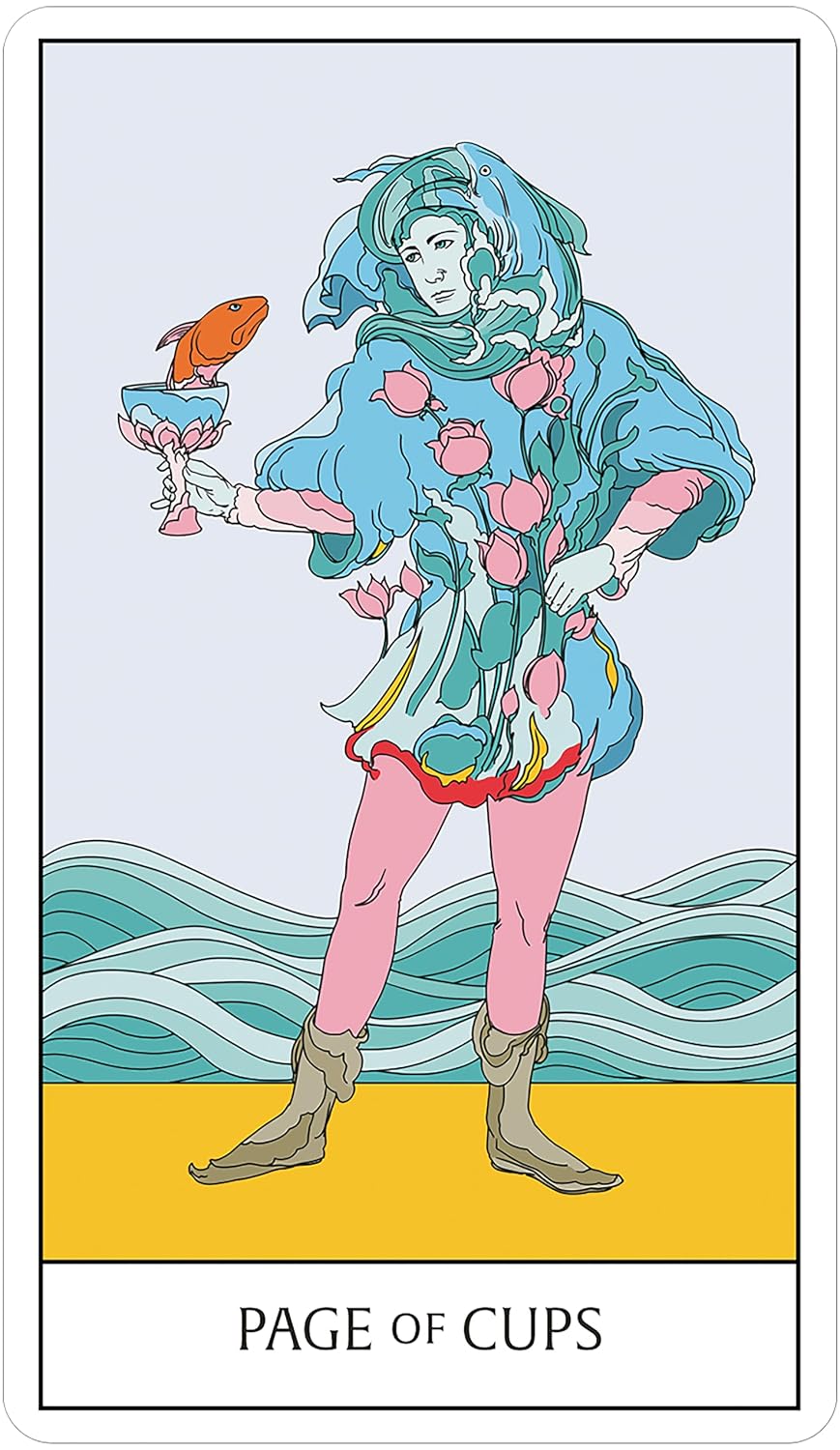 Tarot card featuring a person with long hair and colorful clothing, holding a cup with a fish, against a blue and yellow background.