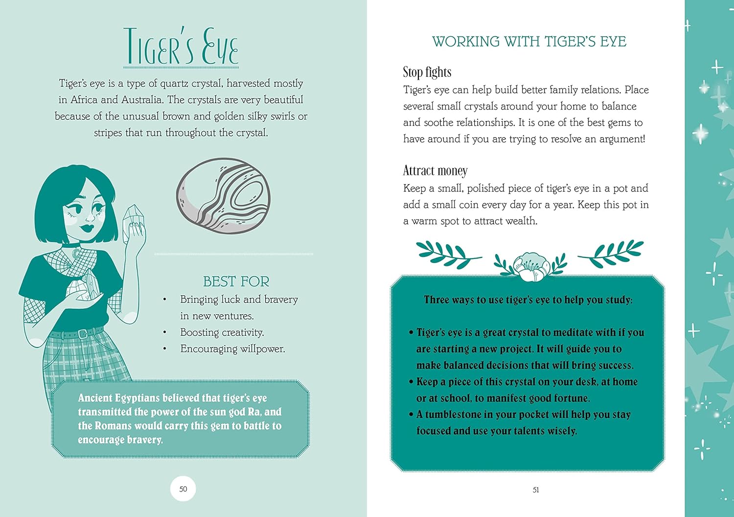 Book page about Tiger's Eye crystal with illustrations and text on a teal background