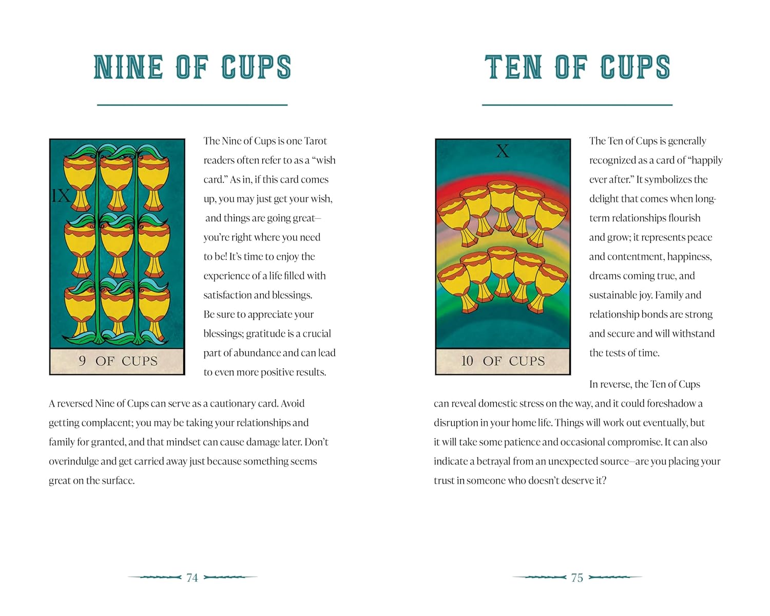 Two tarot cards titled 'Nine of Cups' and 'Ten of Cups' with descriptions and illustrations.