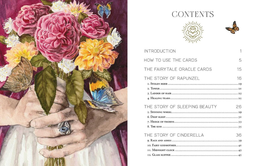 Book open to a page with floral illustration and contents list on the right