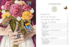 Book open to a page with floral illustration and contents list on the right