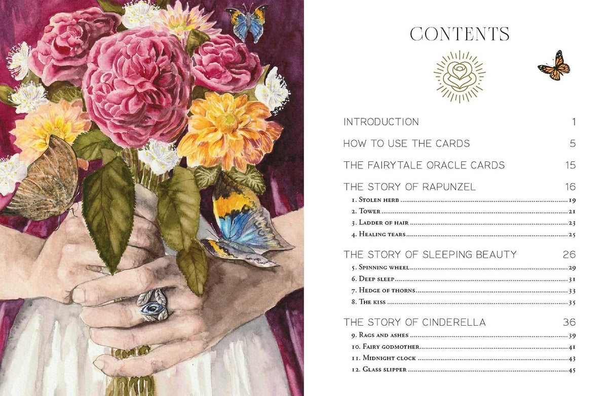 Book open to a page with floral illustration and contents list on the right