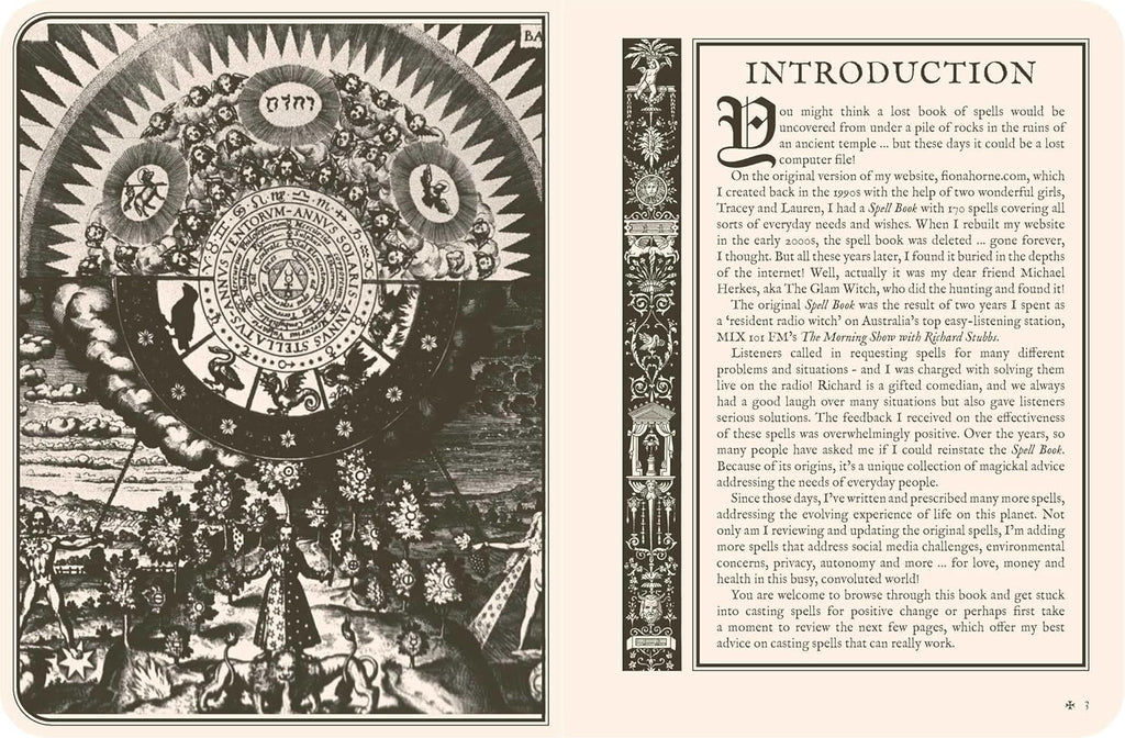 Decorative page with a large circular design on the left and text on the right, resembling an old book or manuscript.