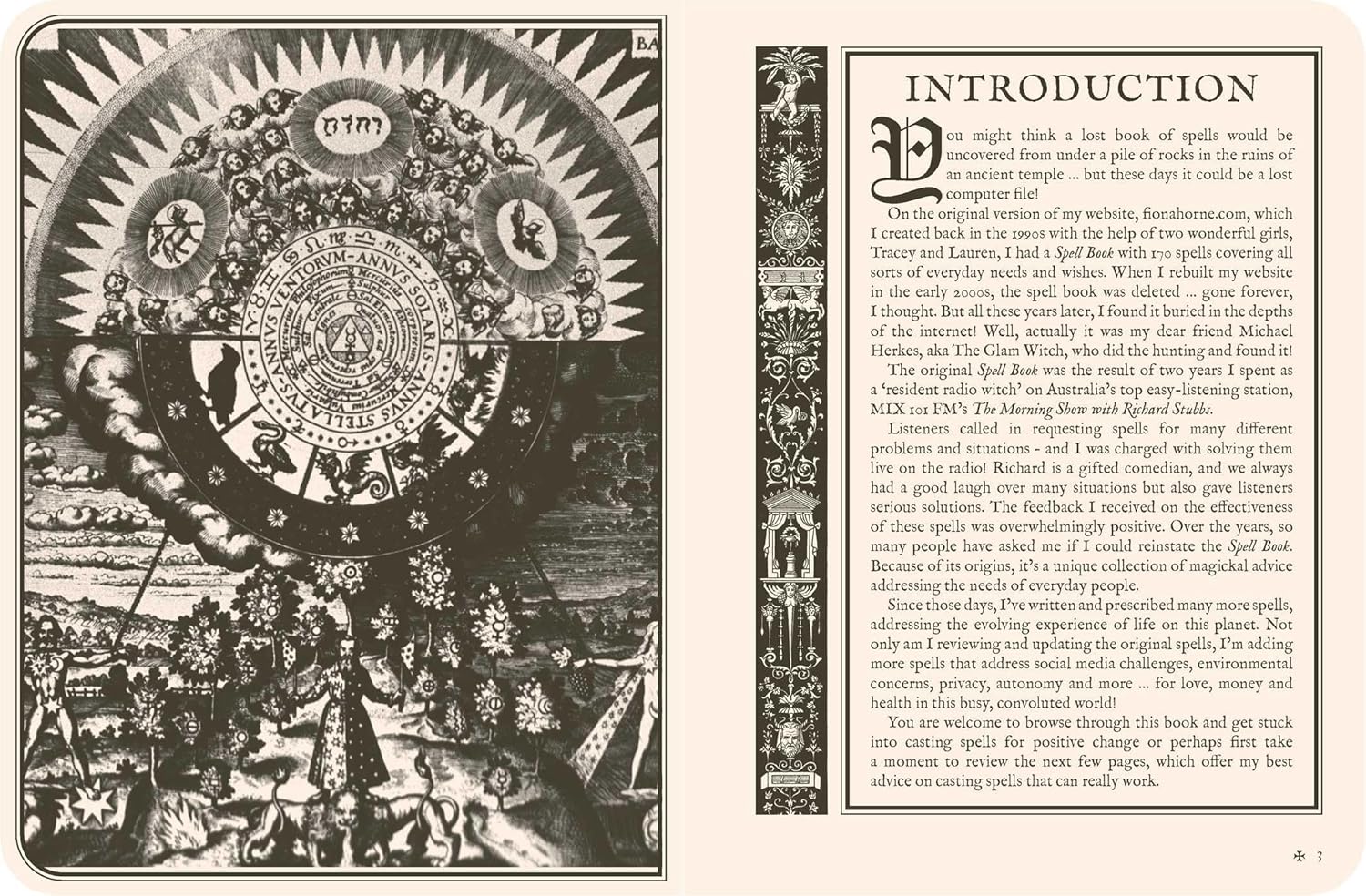 Decorative page with a large circular design on the left and text on the right, resembling an old book or manuscript.