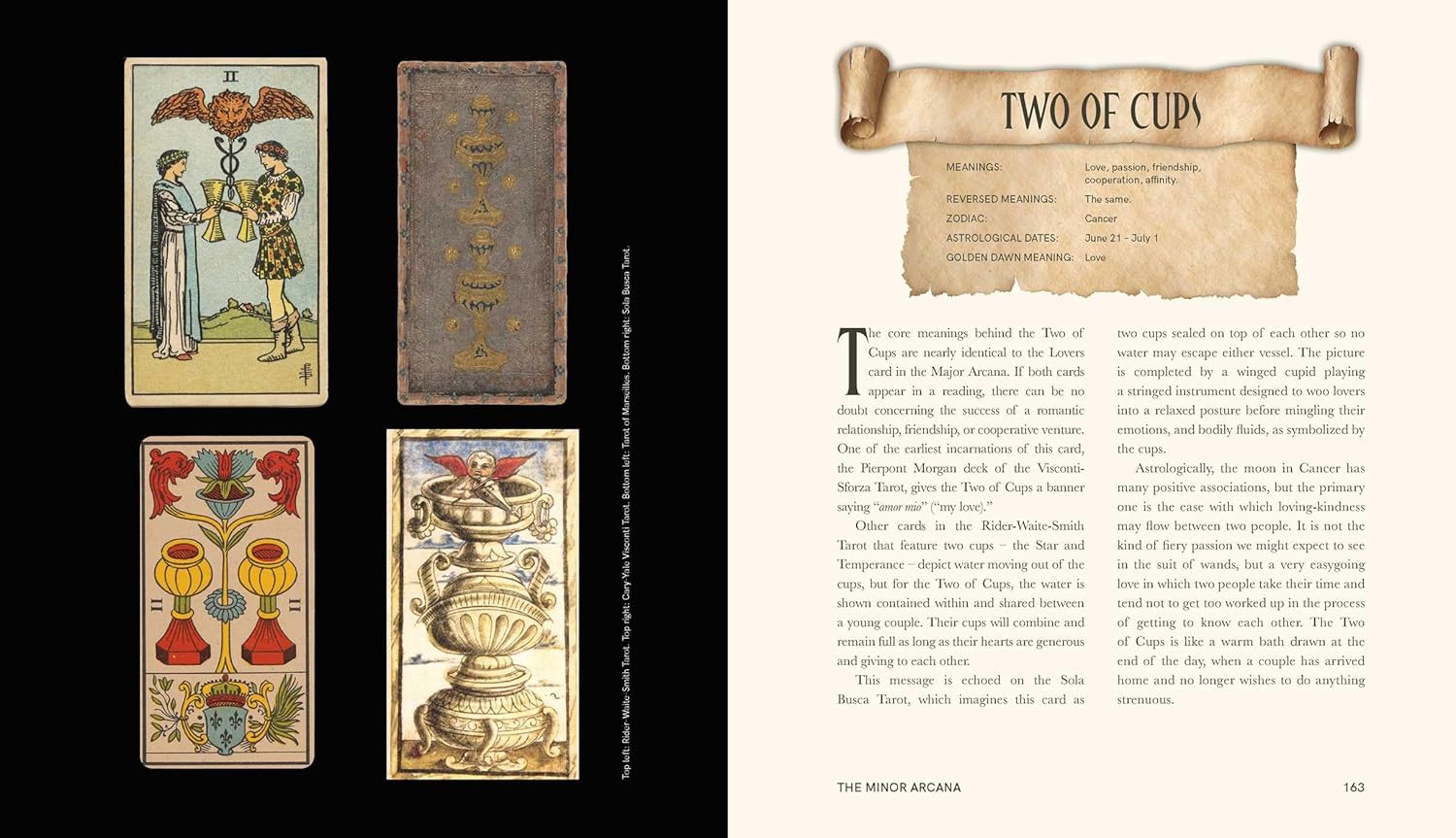 Two tarot cards and their description on a page from a book.