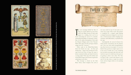 Two tarot cards and their description on a page from a book.