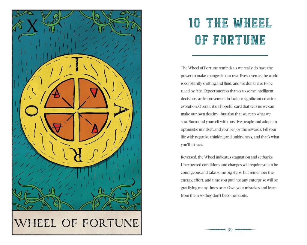 Wheel of Fortune tarot card with descriptive text on a blue background
