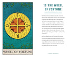 Wheel of Fortune tarot card with descriptive text on a blue background