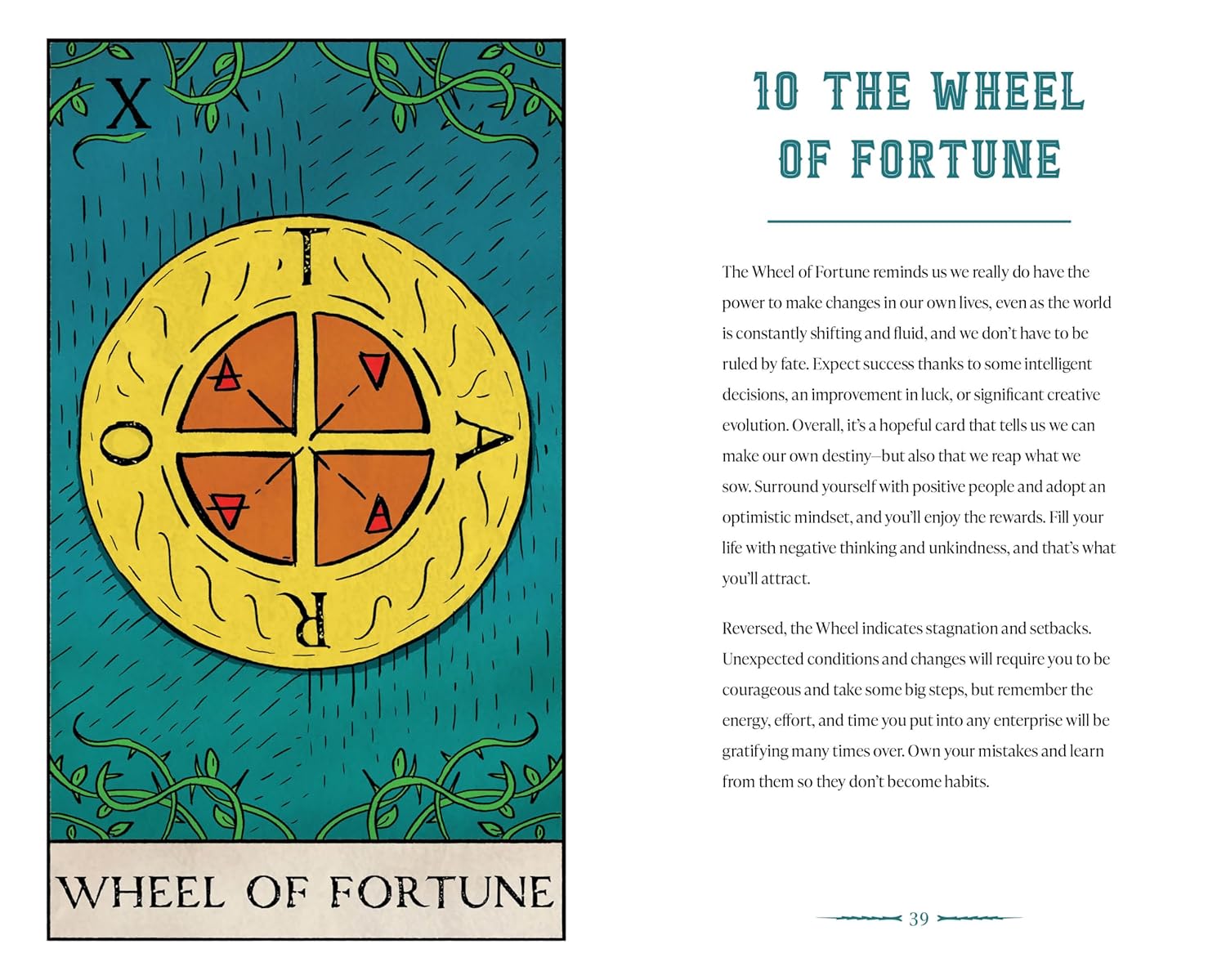 Wheel of Fortune tarot card with descriptive text on a blue background