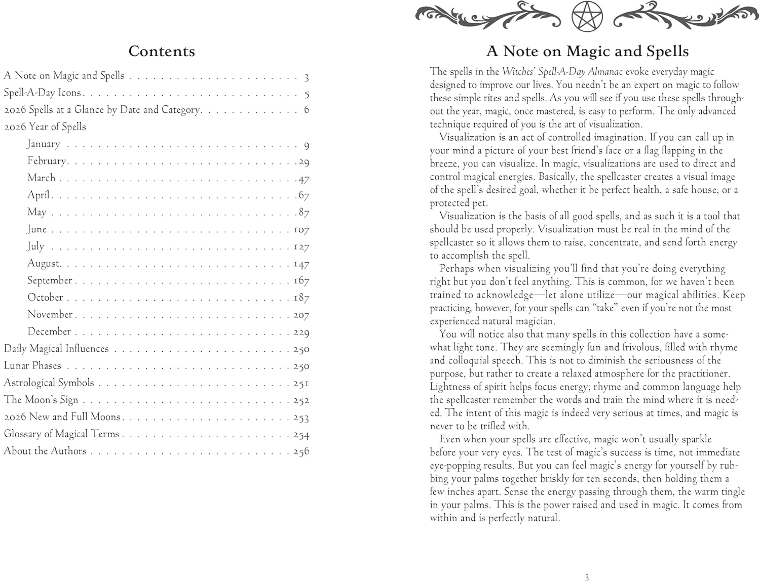 Table of contents for a book on magic and spells with black text on a white background.