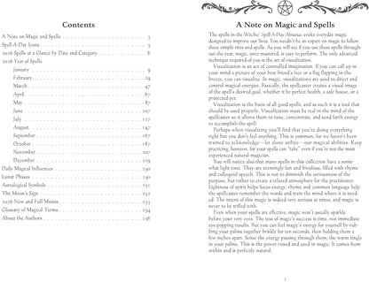 Table of contents for a book on magic and spells with black text on a white background.